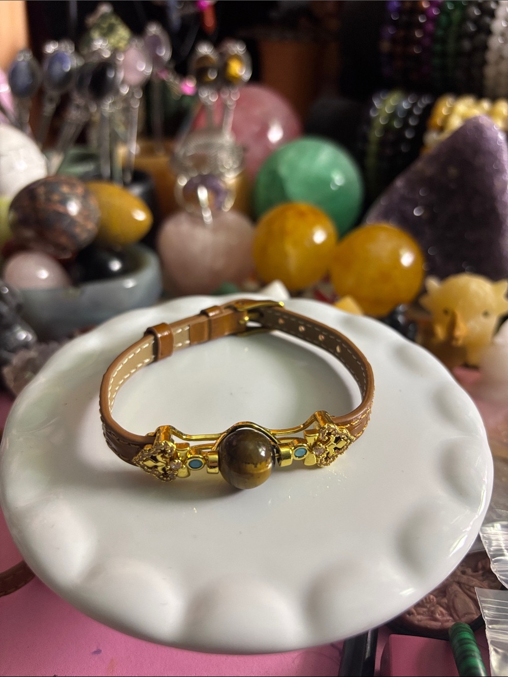Gold-Tone Brown Tiger Eye Stone Leather Bracelet